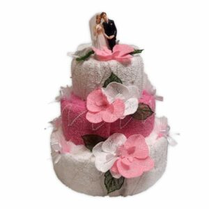 Svatební dort textilní růžovobílý se soškou