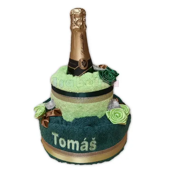 Textilní dort z ručníků pro muže se šampaňským zelený  - Isabelka.eu